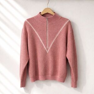 Varley Calva Pink Sweater Women Sz M Open Knit Zip Neck Polo Athleisure Luxe